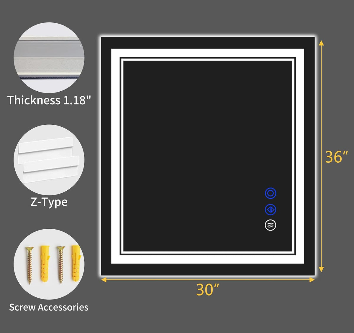 30"x22" LED Bathroom Mirror with Lights,Anti-Fog,3 Color Modes - Colors A