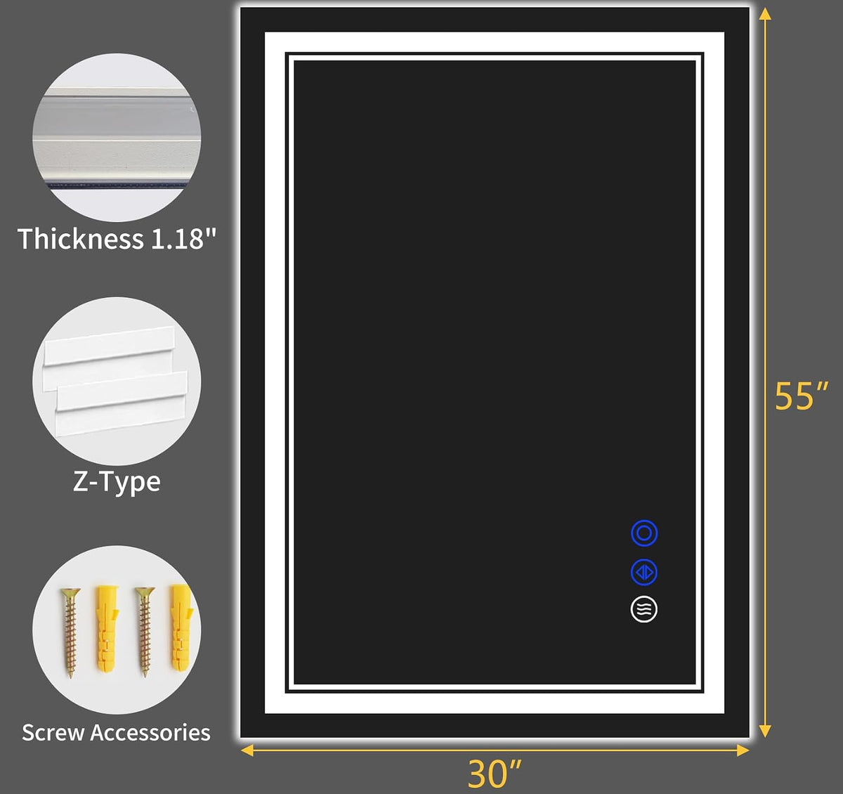 30"x22" LED Bathroom Mirror with Lights,Anti-Fog,3 Color Modes - Colors A