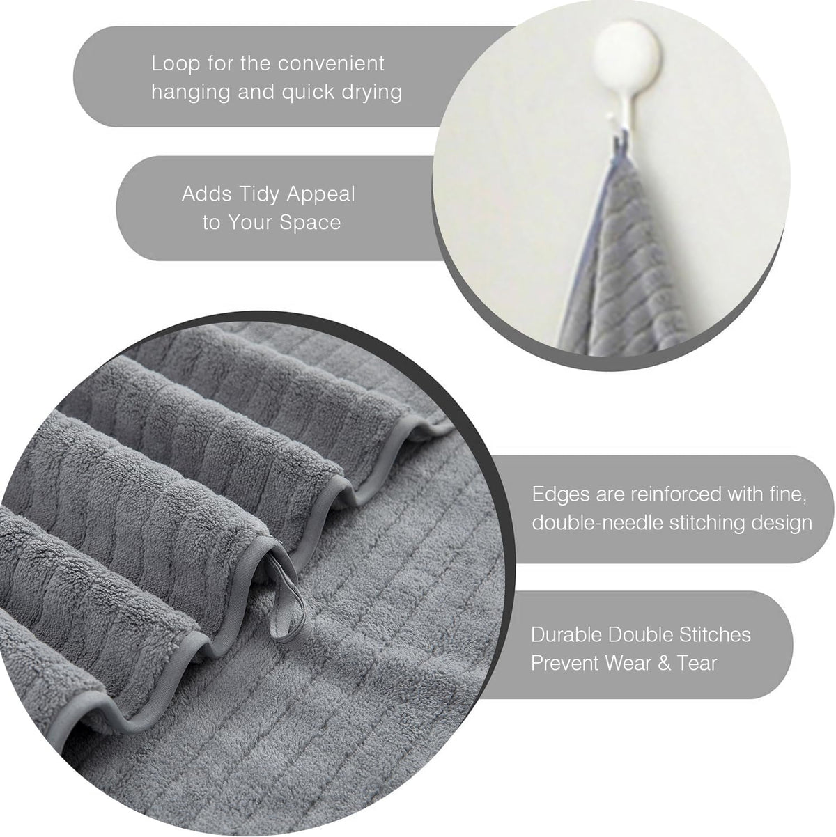 Grey Hand Towels Set 16x31 Inches,Soft Microfibers Bathroom Towel Set 2 Pack,Highly Absorbent Quick Dry Luxury Towel Hotel Spa Gym Hand Towel Collection for Bathroom