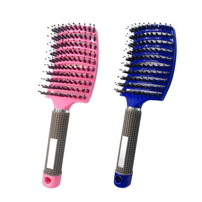 2 PACK Boar Bristle Hair Brush No Pull Curved Vented Detangler Hair Brushes Fast Blow Drying Hair Brush for Men Women Wet Dry Long Thin Thick Curly Tangled Hair (pink+blue)