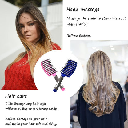 2 PACK Boar Bristle Hair Brush No Pull Curved Vented Detangler Hair Brushes Fast Blow Drying Hair Brush for Men Women Wet Dry Long Thin Thick Curly Tangled Hair (pink+blue)