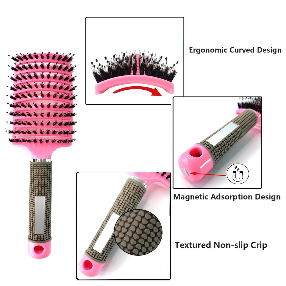 2 PACK Boar Bristle Hair Brush No Pull Curved Vented Detangler Hair Brushes Fast Blow Drying Hair Brush for Men Women Wet Dry Long Thin Thick Curly Tangled Hair (pink+blue)
