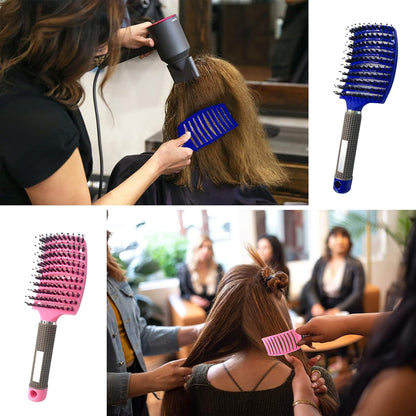 2 PACK Boar Bristle Hair Brush No Pull Curved Vented Detangler Hair Brushes Fast Blow Drying Hair Brush for Men Women Wet Dry Long Thin Thick Curly Tangled Hair (pink+blue)