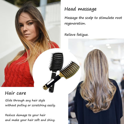 2 PACK Boar Bristle Hair Brush No Pull Curved Vented Detangler Hair Brushes Fast Blow Drying Hair Brush for Men Women Wet Dry Long Thin Thick Curly Tangled Hair (pink+blue)