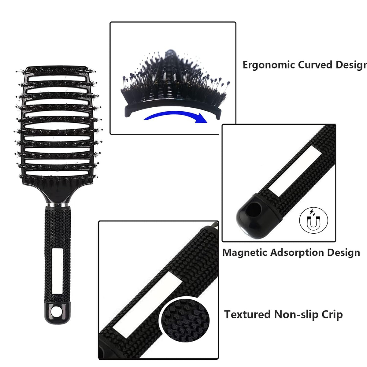 2 PACK Boar Bristle Hair Brush No Pull Curved Vented Detangler Hair Brushes Fast Blow Drying Hair Brush for Men Women Wet Dry Long Thin Thick Curly Tangled Hair (pink+blue)