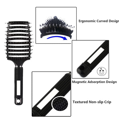 2 PACK Boar Bristle Hair Brush No Pull Curved Vented Detangler Hair Brushes Fast Blow Drying Hair Brush for Men Women Wet Dry Long Thin Thick Curly Tangled Hair (pink+blue)