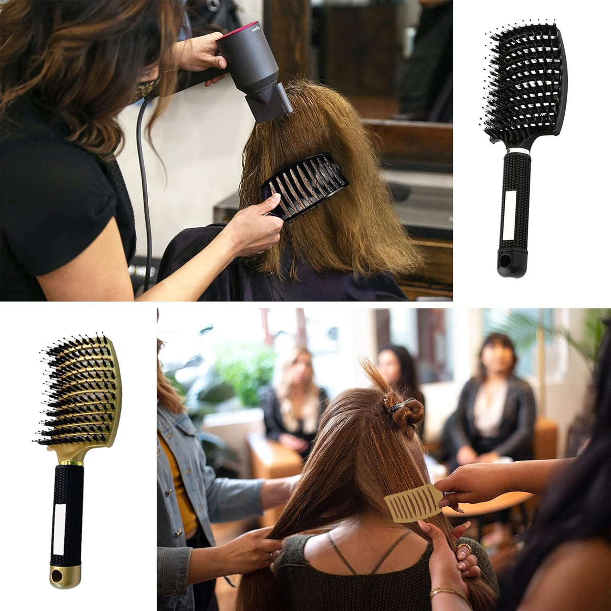 2 PACK Boar Bristle Hair Brush No Pull Curved Vented Detangler Hair Brushes Fast Blow Drying Hair Brush for Men Women Wet Dry Long Thin Thick Curly Tangled Hair (pink+blue)