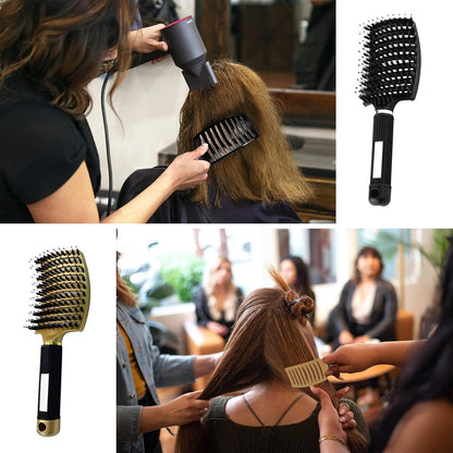 2 PACK Boar Bristle Hair Brush No Pull Curved Vented Detangler Hair Brushes Fast Blow Drying Hair Brush for Men Women Wet Dry Long Thin Thick Curly Tangled Hair (pink+blue)