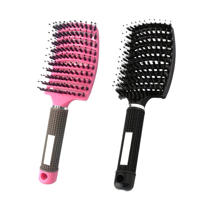 2 PACK Boar Bristle Hair Brush No Pull Curved Vented Detangler Hair Brushes Fast Blow Drying Hair Brush for Men Women Wet Dry Long Thin Thick Curly Tangled Hair (pink+blue)