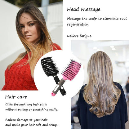2 PACK Boar Bristle Hair Brush No Pull Curved Vented Detangler Hair Brushes Fast Blow Drying Hair Brush for Men Women Wet Dry Long Thin Thick Curly Tangled Hair (pink+blue)