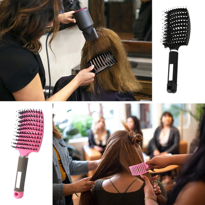 2 PACK Boar Bristle Hair Brush No Pull Curved Vented Detangler Hair Brushes Fast Blow Drying Hair Brush for Men Women Wet Dry Long Thin Thick Curly Tangled Hair (pink+blue)