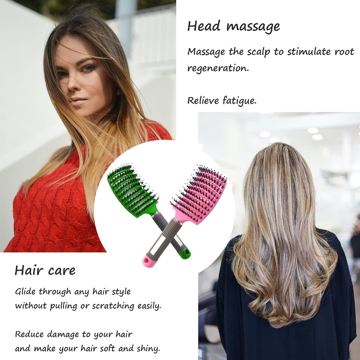 2 PACK Boar Bristle Hair Brush No Pull Curved Vented Detangler Hair Brushes Fast Blow Drying Hair Brush for Men Women Wet Dry Long Thin Thick Curly Tangled Hair (pink+blue)