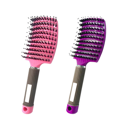 2 PACK Boar Bristle Hair Brush No Pull Curved Vented Detangler Hair Brushes Fast Blow Drying Hair Brush for Men Women Wet Dry Long Thin Thick Curly Tangled Hair (pink+blue)