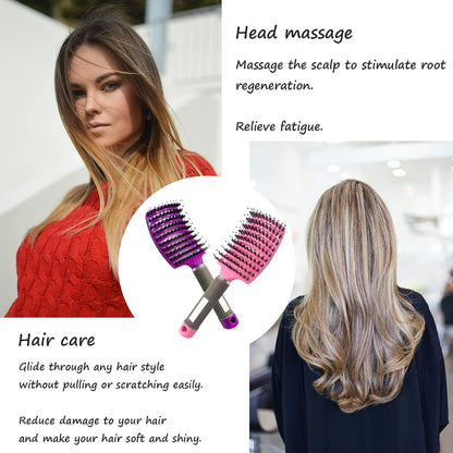 2 PACK Boar Bristle Hair Brush No Pull Curved Vented Detangler Hair Brushes Fast Blow Drying Hair Brush for Men Women Wet Dry Long Thin Thick Curly Tangled Hair (pink+blue)