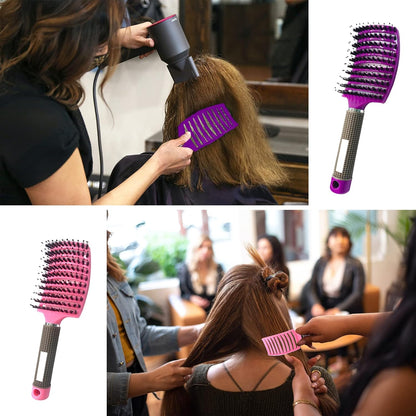 2 PACK Boar Bristle Hair Brush No Pull Curved Vented Detangler Hair Brushes Fast Blow Drying Hair Brush for Men Women Wet Dry Long Thin Thick Curly Tangled Hair (pink+blue)