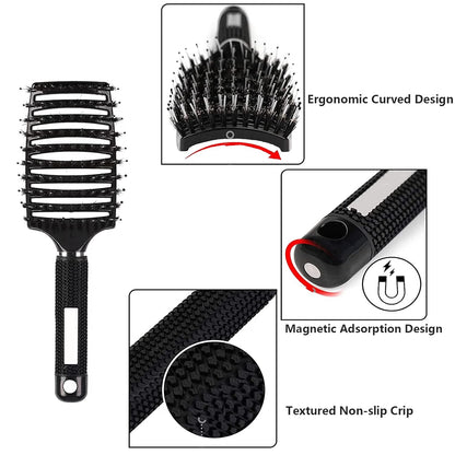 2 PACK Boar Bristle Hair Brush No Pull Curved Vented Detangler Hair Brushes Fast Blow Drying Hair Brush for Men Women Wet Dry Long Thin Thick Curly Tangled Hair (pink+blue)