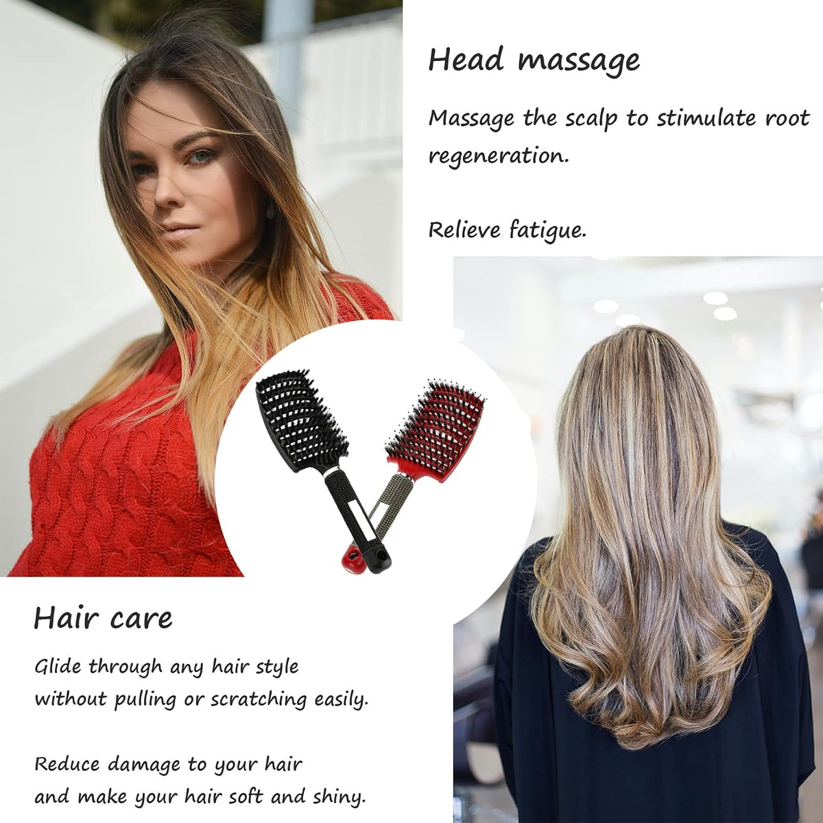 2 PACK Boar Bristle Hair Brush No Pull Curved Vented Detangler Hair Brushes Fast Blow Drying Hair Brush for Men Women Wet Dry Long Thin Thick Curly Tangled Hair (pink+blue)