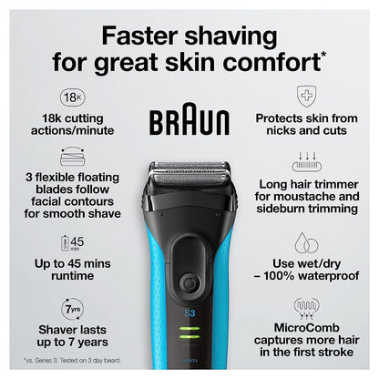 Electric Series 3 Razor with Precision Trimmer, Rechargeable, Wet & Dry Foil Shaver for Men, Blue/Black, 4 Piece | Precision Trimmer, Rechargeable, Wet & Dry, Foil Shaver, 4 Piece