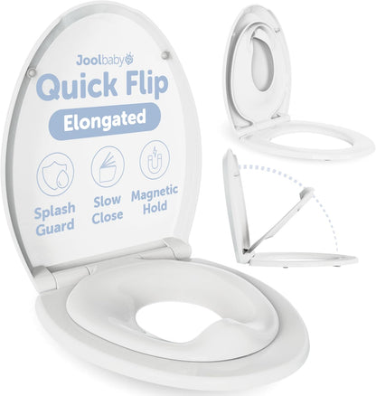 Quick Flip Toilet Seat with Built-in Potty & Splash Guard for Toddler Training, Slow Close (Elongated)