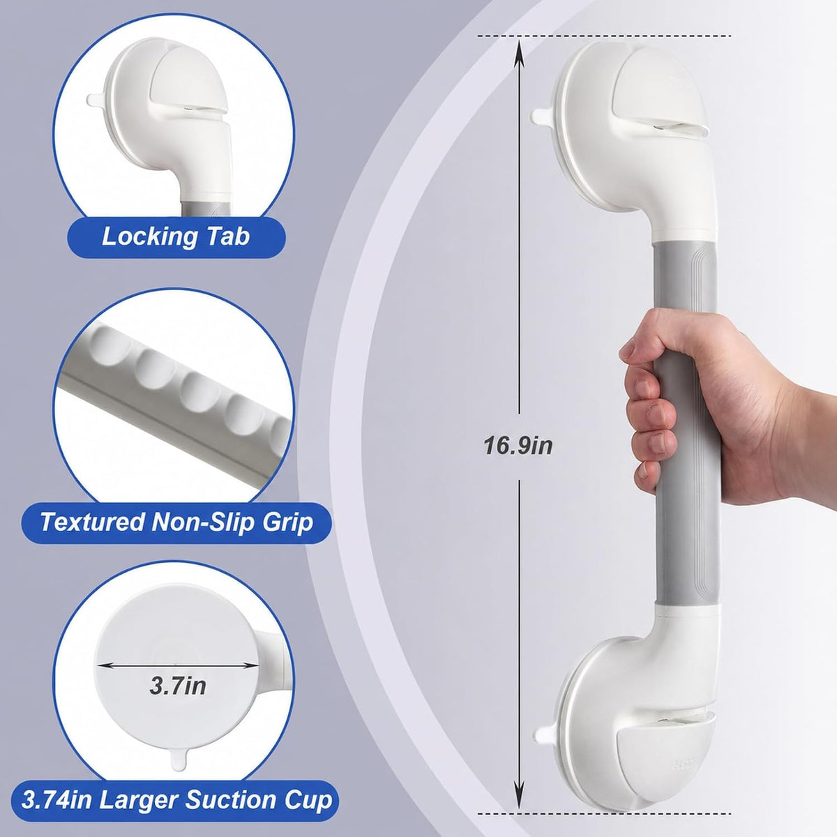 Shower Handle 2 Pack, 17 Inch Grab Bars for Bathtubs and Showers, Strong Suction Cup Safety Handrails for Seniors, Elderly, Injury Recovery, No Drilling Waterproof Bathroom Grip, Grey