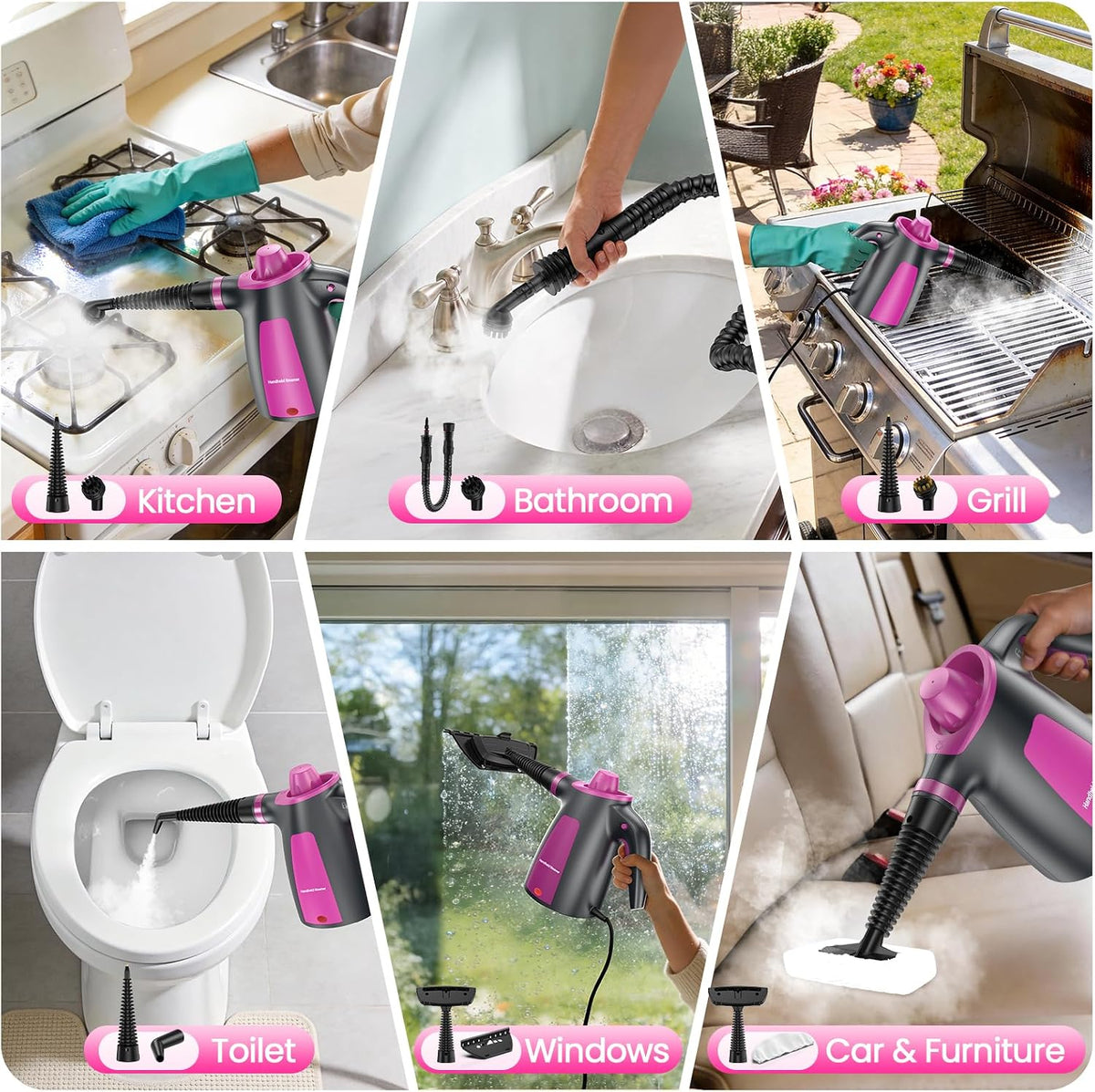 13Pcs Pressurized Handheld Steam Cleaner, Portable Deep Cleaning Steamer | Natural Deep Cleaning, Multi-Purpose for Home, Grout, Kitchen, Car, Window, Upholstery, Bathroom and Clothes