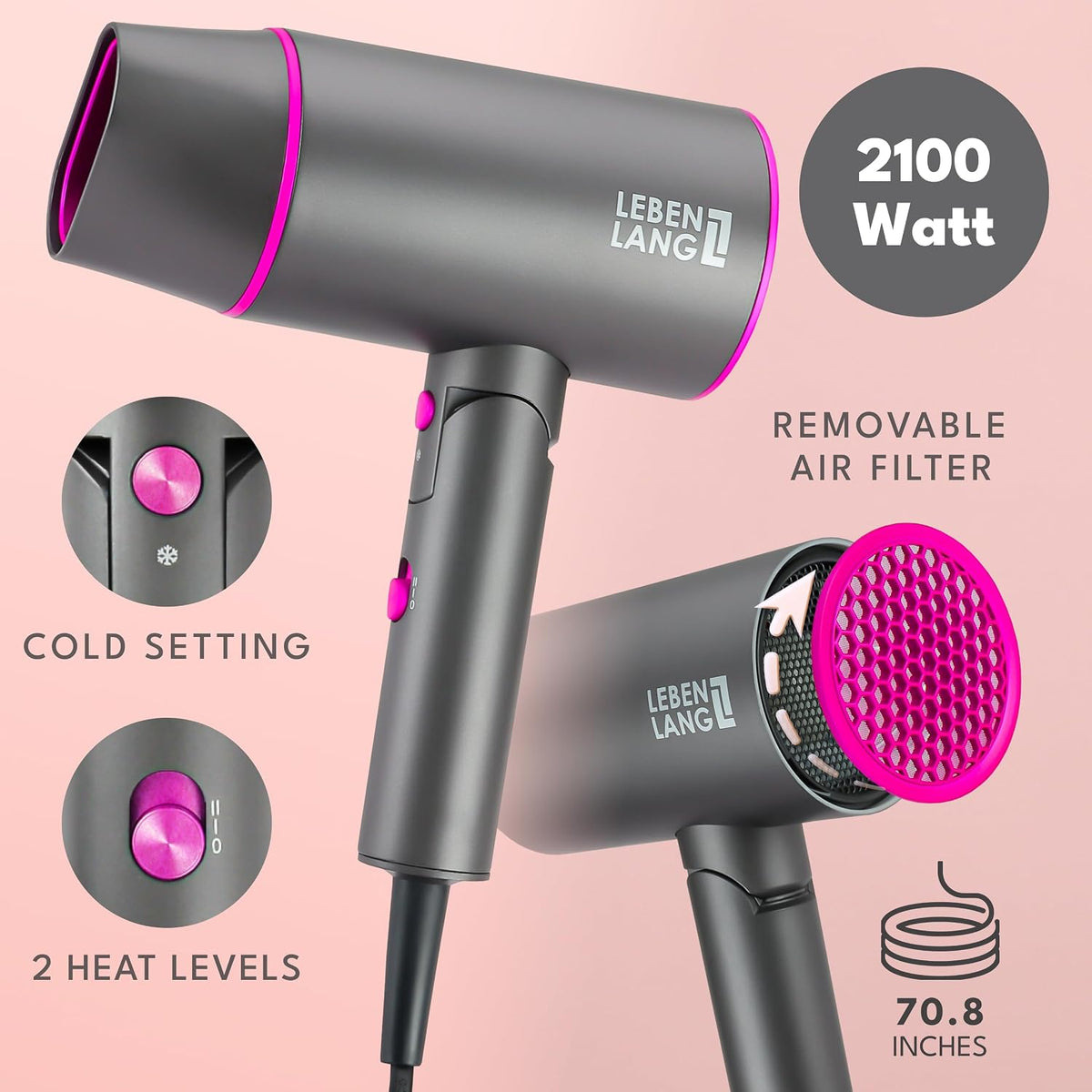 Ionic Hair Dryer 1875W - Compact, Portable, Lightweight, with Diffuser and Bag for Travel