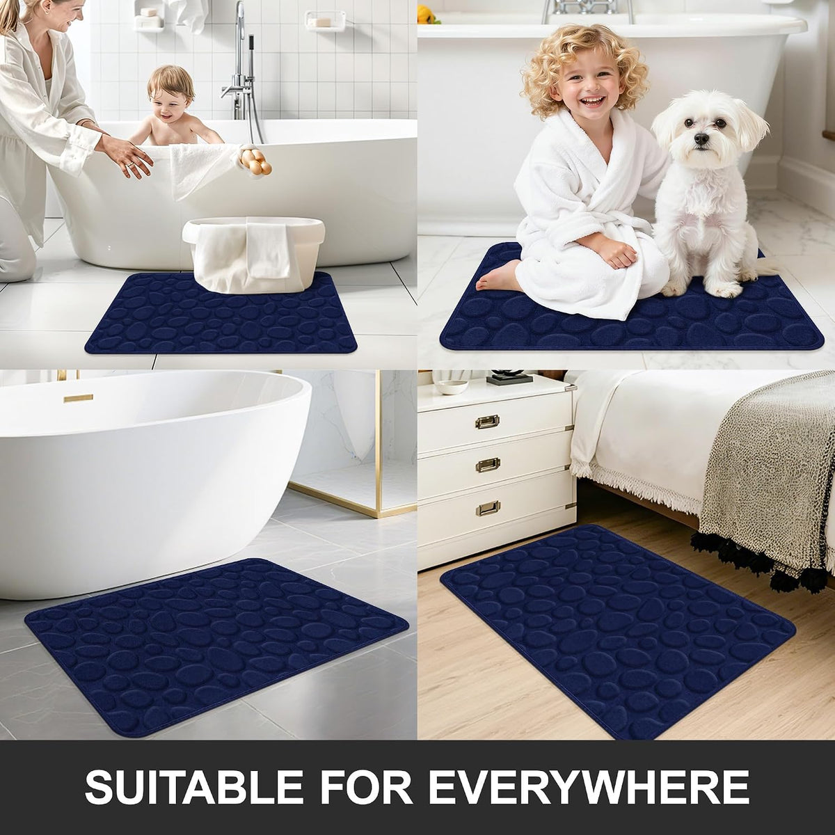 Stone Bath Mats, Non-Slip Memory Foam Bath Rugs, 16x24 DarkBlue | TPR Rubber Backing,Ultra Soft,Highly Absorbent,Machine Washable,Quick Dry for Tub and Shower, Home Decor Accessories