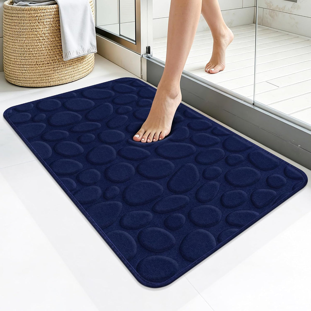 Stone Bath Mats, Non-Slip Memory Foam Bath Rugs, 16x24 DarkBlue | TPR Rubber Backing,Ultra Soft,Highly Absorbent,Machine Washable,Quick Dry for Tub and Shower, Home Decor Accessories