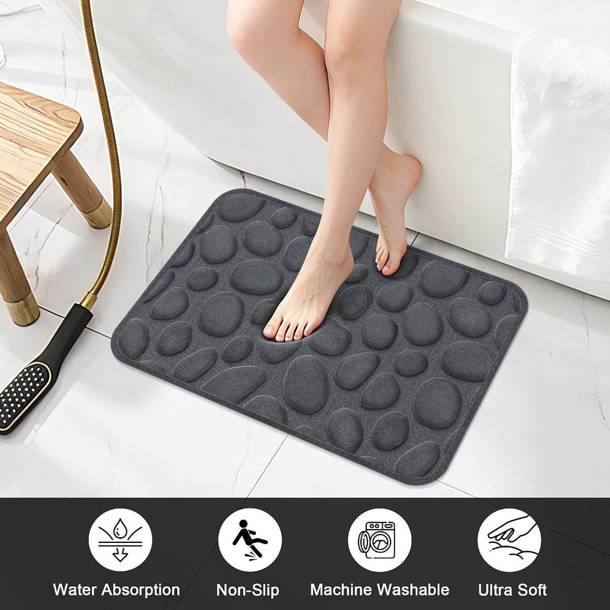 Stone Bath Mats, Non-Slip Memory Foam Bath Rugs, 16x24 DarkBlue | TPR Rubber Backing,Ultra Soft,Highly Absorbent,Machine Washable,Quick Dry for Tub and Shower, Home Decor Accessories