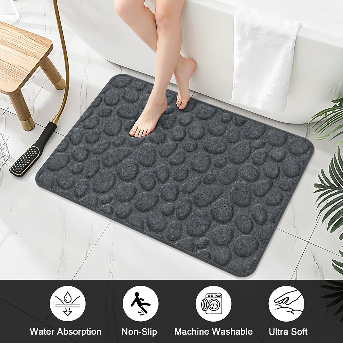 Stone Bath Mats, Non-Slip Memory Foam Bath Rugs, 16x24 DarkBlue | TPR Rubber Backing,Ultra Soft,Highly Absorbent,Machine Washable,Quick Dry for Tub and Shower, Home Decor Accessories