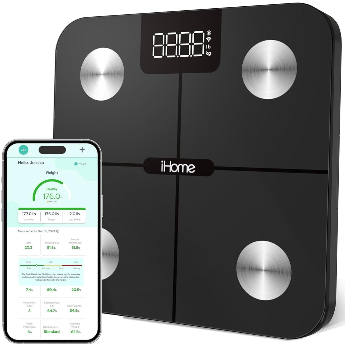 Digital Bluetooth Smart Scale for Body Weight, Weight Scale, Including BMI, Body Fat, Muscle Mass, Batteries Included (Black Smart Bluetooth)