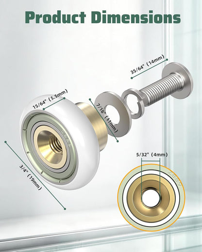 Sliding Shower Door Rollers Replacement, 19mm Diameter Nylon Wheels
