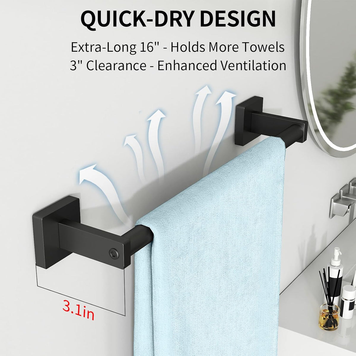 Towel Bar for Bathroom, 24" 2 Pack Wall Mounted Towel Rack, Black