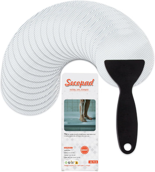 Round Non Slip Bathtub Stickers with Scraper, 36PCS, Clear | Original Large Anti-Slip Treads, Comfortable PEVA Material, Strong Adhesive, Easy to Use, For Bath Tubs, Showers & Stairs