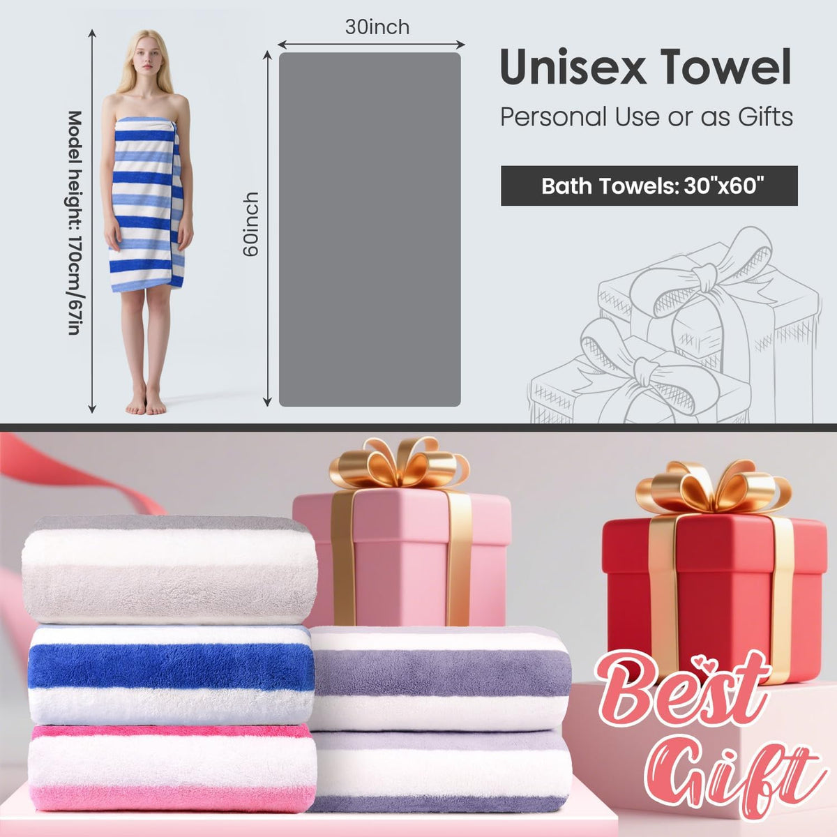 Microfiber Bath Towel (30" x 60"), Oversized Thick Towels, Soft, Super Absorbent and Fast Drying, No Fading Multipurpose Use for Sports, Travel, Fitness, Yoga, 30 in 60 in, Grey Count | Microfiber, Hanging Loop, Oversized, Soft & Absorbent, Fast