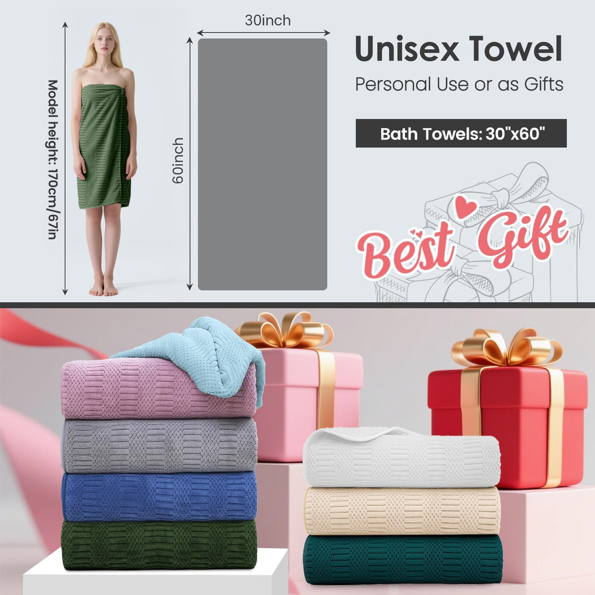 Microfiber Bath Towel (30" x 60"), Oversized Thick Towels, Soft, Super Absorbent and Fast Drying, No Fading Multipurpose Use for Sports, Travel, Fitness, Yoga, 30 in 60 in, Grey Count | Microfiber, Hanging Loop, Oversized, Soft & Absorbent, Fast