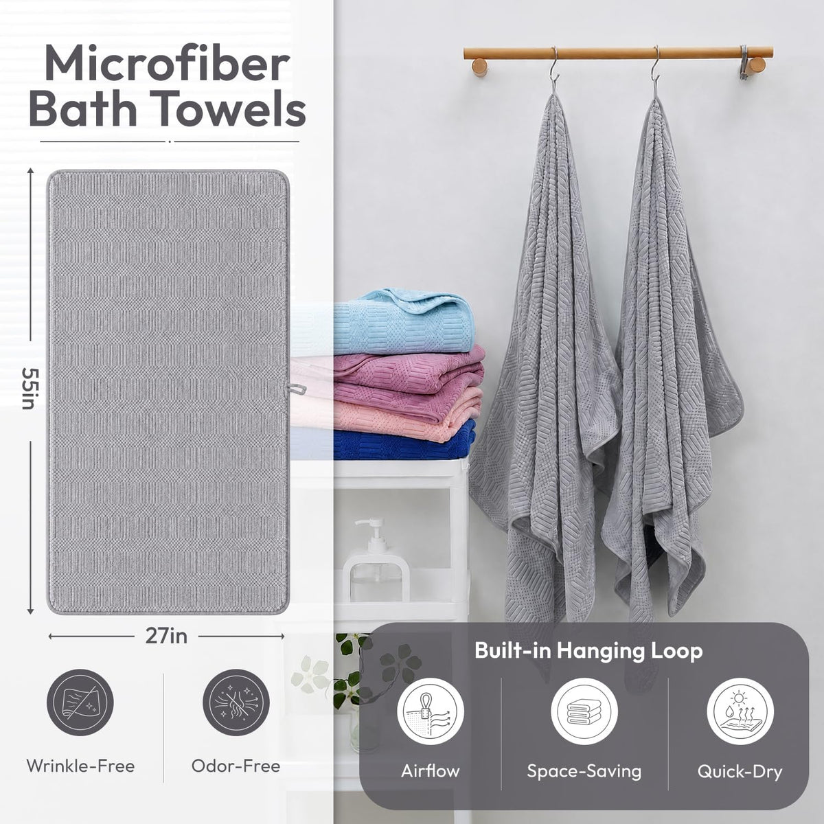 Microfiber Bath Towel (30" x 60"), Oversized Thick Towels, Soft, Super Absorbent and Fast Drying, No Fading Multipurpose Use for Sports, Travel, Fitness, Yoga, 30 in 60 in, Grey Count | Microfiber, Hanging Loop, Oversized, Soft & Absorbent, Fast
