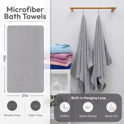 Microfiber Bath Towel (30" x 60"), Oversized Thick Towels, Soft, Super Absorbent and Fast Drying, No Fading Multipurpose Use for Sports, Travel, Fitness, Yoga, 30 in 60 in, Grey Count | Microfiber, Hanging Loop, Oversized, Soft & Absorbent, Fast