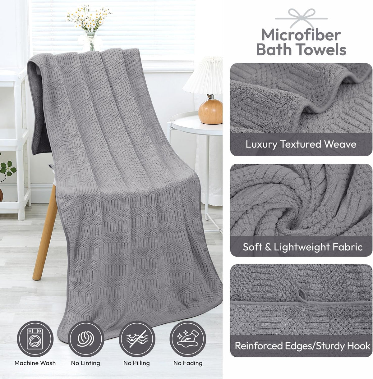 Microfiber Bath Towel (30" x 60"), Oversized Thick Towels, Soft, Super Absorbent and Fast Drying, No Fading Multipurpose Use for Sports, Travel, Fitness, Yoga, 30 in 60 in, Grey Count | Microfiber, Hanging Loop, Oversized, Soft & Absorbent, Fast