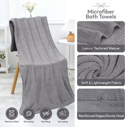 Microfiber Bath Towel (30" x 60"), Oversized Thick Towels, Soft, Super Absorbent and Fast Drying, No Fading Multipurpose Use for Sports, Travel, Fitness, Yoga, 30 in 60 in, Grey Count | Microfiber, Hanging Loop, Oversized, Soft & Absorbent, Fast
