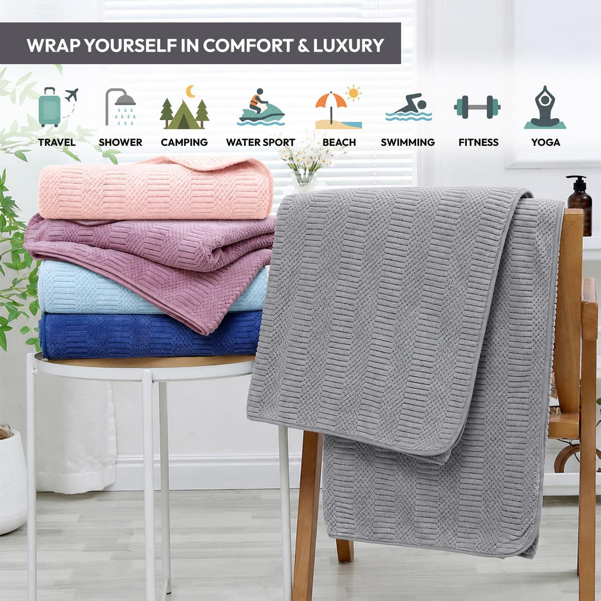 Microfiber Bath Towel (30" x 60"), Oversized Thick Towels, Soft, Super Absorbent and Fast Drying, No Fading Multipurpose Use for Sports, Travel, Fitness, Yoga, 30 in 60 in, Grey Count | Microfiber, Hanging Loop, Oversized, Soft & Absorbent, Fast