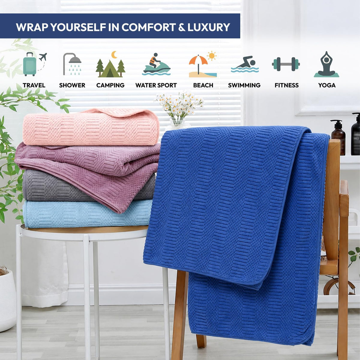 Microfiber Bath Towel (30" x 60"), Oversized Thick Towels, Soft, Super Absorbent and Fast Drying, No Fading Multipurpose Use for Sports, Travel, Fitness, Yoga, 30 in 60 in, Grey Count | Microfiber, Hanging Loop, Oversized, Soft & Absorbent, Fast