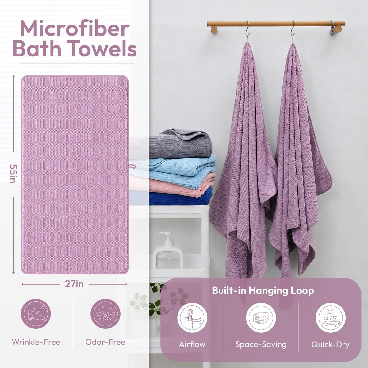 Microfiber Bath Towel (30" x 60"), Oversized Thick Towels, Soft, Super Absorbent and Fast Drying, No Fading Multipurpose Use for Sports, Travel, Fitness, Yoga, 30 in 60 in, Grey Count | Microfiber, Hanging Loop, Oversized, Soft & Absorbent, Fast