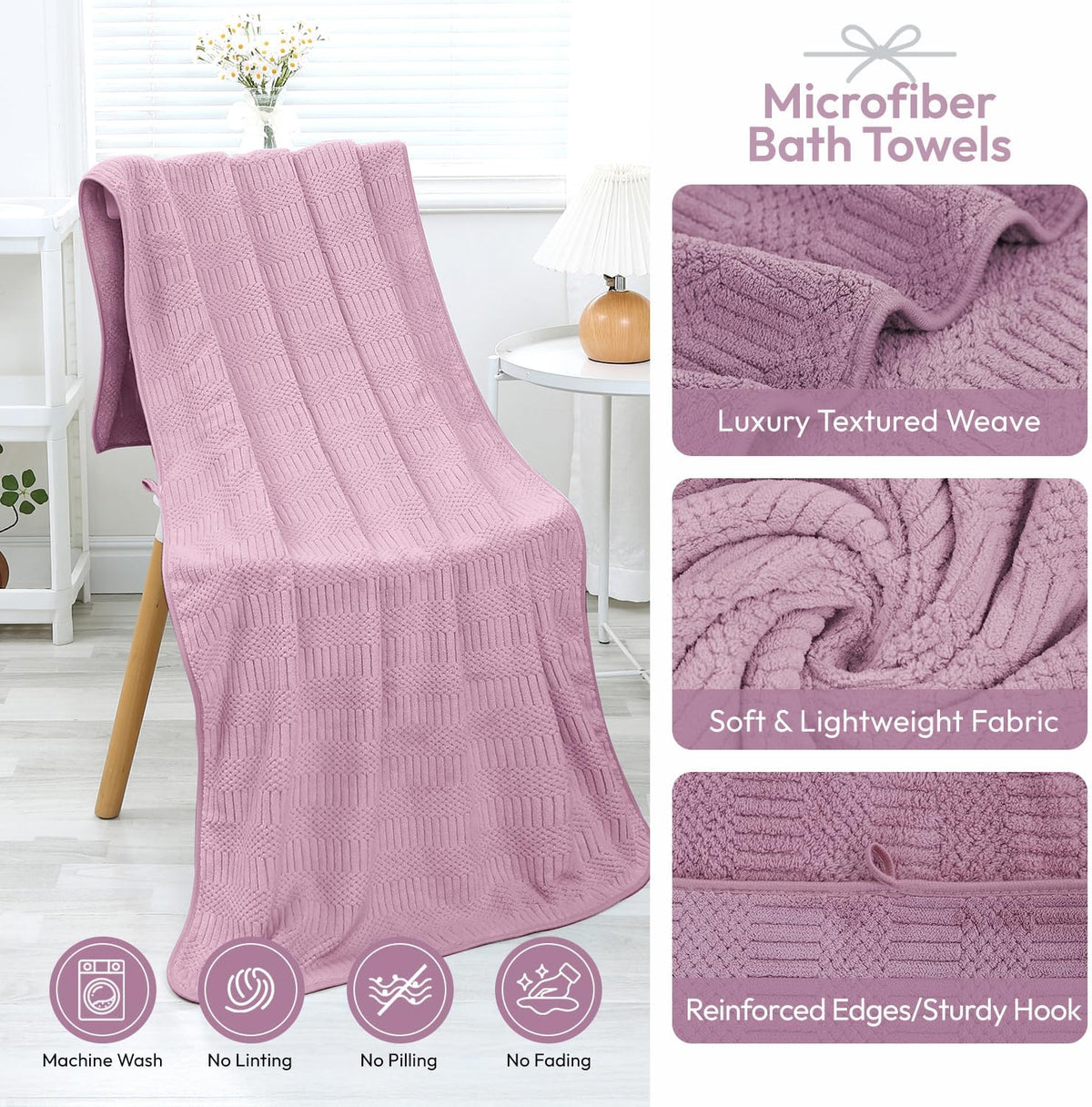 Microfiber Bath Towel (30" x 60"), Oversized Thick Towels, Soft, Super Absorbent and Fast Drying, No Fading Multipurpose Use for Sports, Travel, Fitness, Yoga, 30 in 60 in, Grey Count | Microfiber, Hanging Loop, Oversized, Soft & Absorbent, Fast