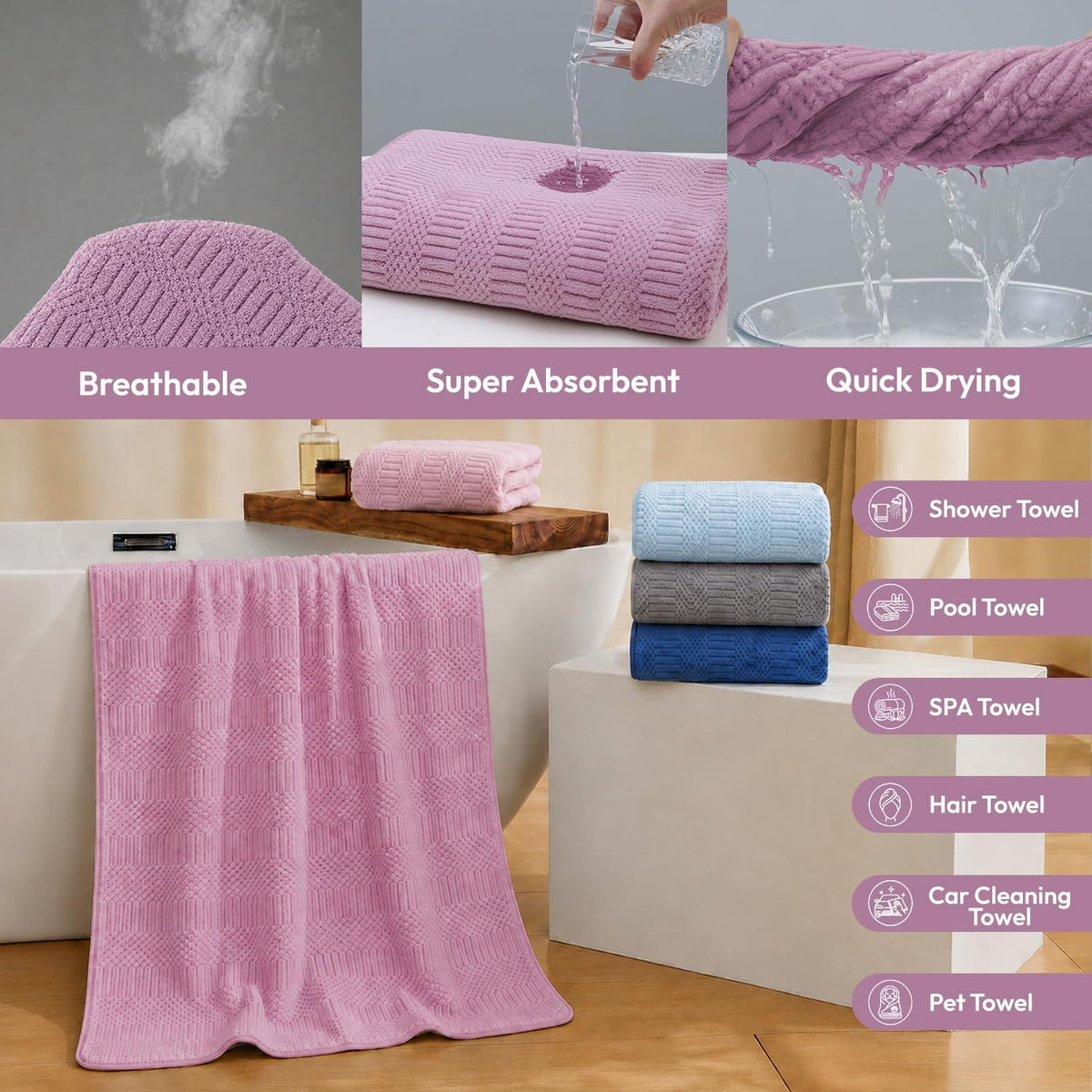 Microfiber Bath Towel (30" x 60"), Oversized Thick Towels, Soft, Super Absorbent and Fast Drying, No Fading Multipurpose Use for Sports, Travel, Fitness, Yoga, 30 in 60 in, Grey Count | Microfiber, Hanging Loop, Oversized, Soft & Absorbent, Fast