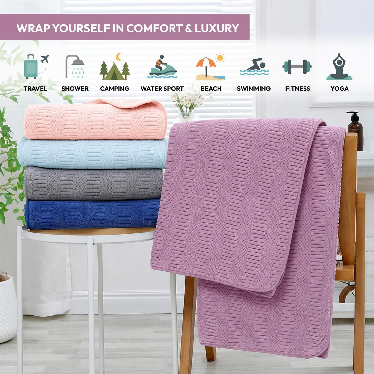 Microfiber Bath Towel (30" x 60"), Oversized Thick Towels, Soft, Super Absorbent and Fast Drying, No Fading Multipurpose Use for Sports, Travel, Fitness, Yoga, 30 in 60 in, Grey Count | Microfiber, Hanging Loop, Oversized, Soft & Absorbent, Fast