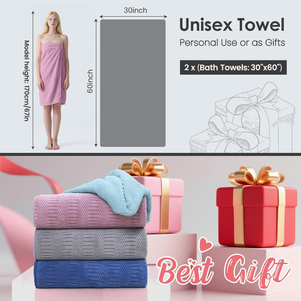 Microfiber Bath Towel (30" x 60"), Oversized Thick Towels, Soft, Super Absorbent and Fast Drying, No Fading Multipurpose Use for Sports, Travel, Fitness, Yoga, 30 in 60 in, Grey Count | Microfiber, Hanging Loop, Oversized, Soft & Absorbent, Fast