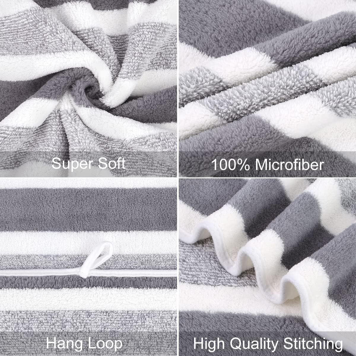 Microfiber Bath Towel (30" x 60"), Oversized Thick Towels, Soft, Super Absorbent and Fast Drying, No Fading Multipurpose Use for Sports, Travel, Fitness, Yoga, 30 in 60 in, Grey Count | Microfiber, Hanging Loop, Oversized, Soft & Absorbent, Fast