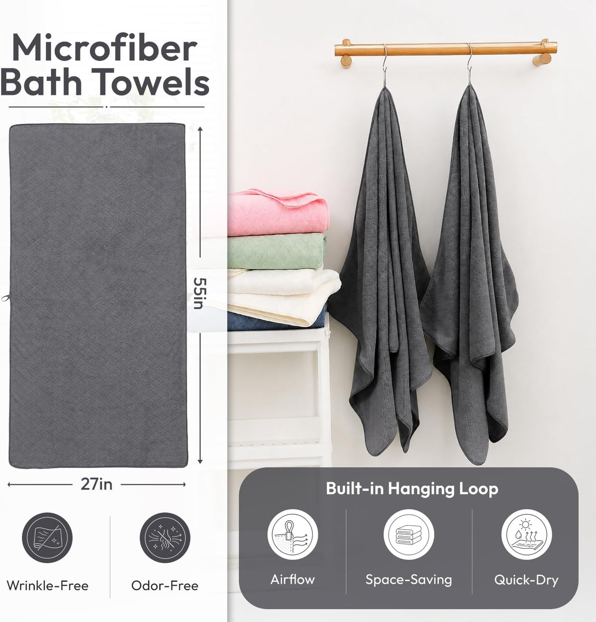 Microfiber Bath Towel (30" x 60"), Oversized Thick Towels, Soft, Super Absorbent and Fast Drying, No Fading Multipurpose Use for Sports, Travel, Fitness, Yoga, 30 in 60 in, Grey Count | Microfiber, Hanging Loop, Oversized, Soft & Absorbent, Fast