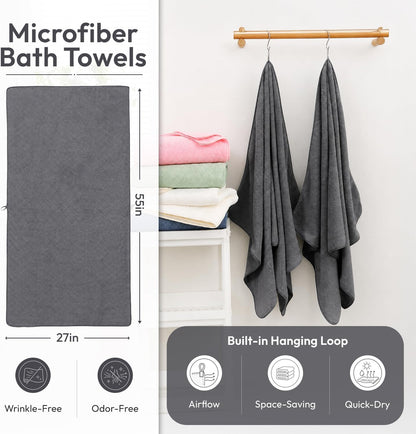 Microfiber Bath Towel (30" x 60"), Oversized Thick Towels, Soft, Super Absorbent and Fast Drying, No Fading Multipurpose Use for Sports, Travel, Fitness, Yoga, 30 in 60 in, Grey Count | Microfiber, Hanging Loop, Oversized, Soft & Absorbent, Fast